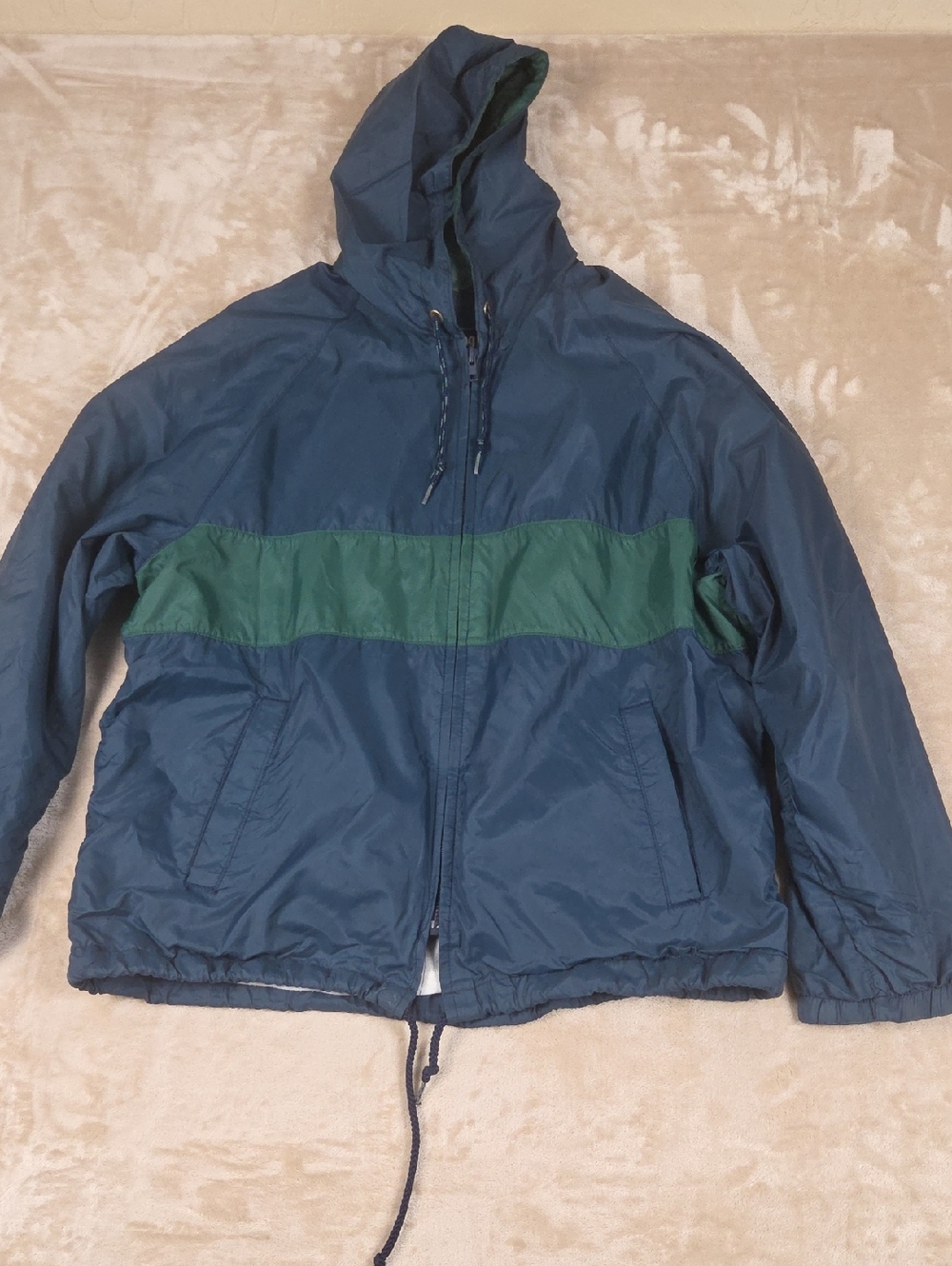 King Louie Blue Hooded Windbreaker with Green Chest Stripe